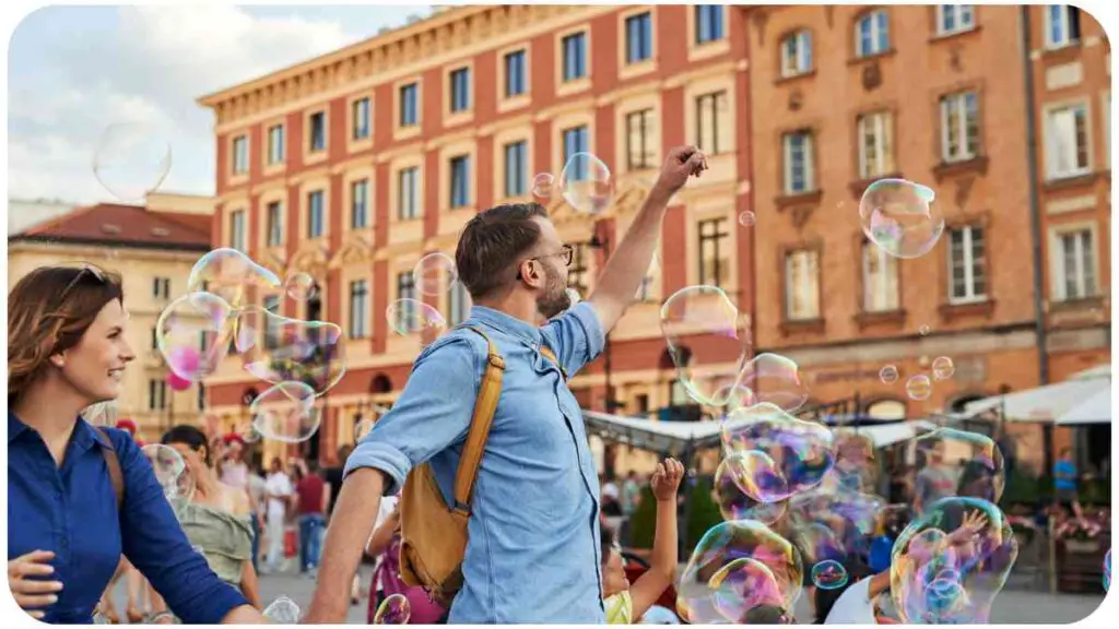 a person and another person are walking through a city with soap bubbles in the air