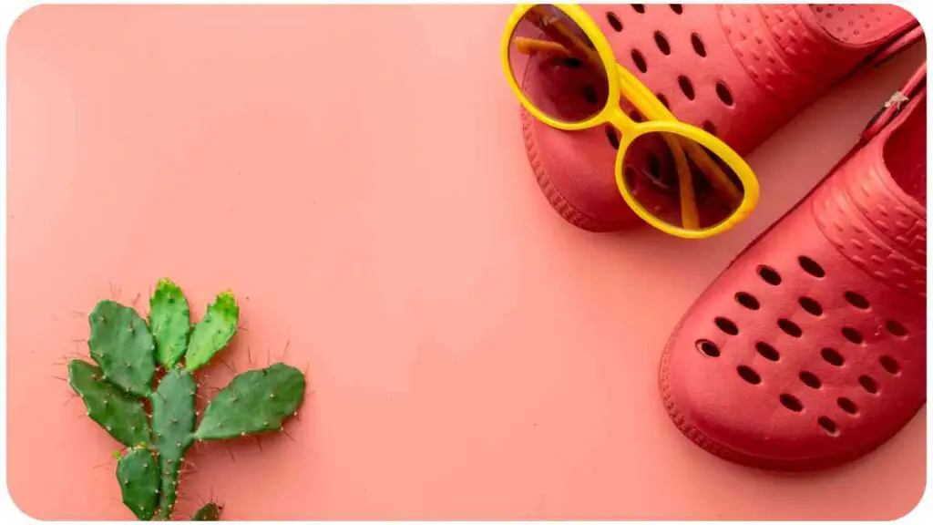 a pair of red crocs, sunglasses and a cactus on a pink background