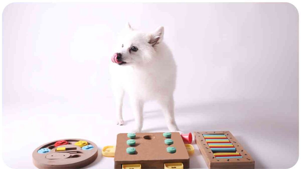 a dog is standing next to a wooden toy